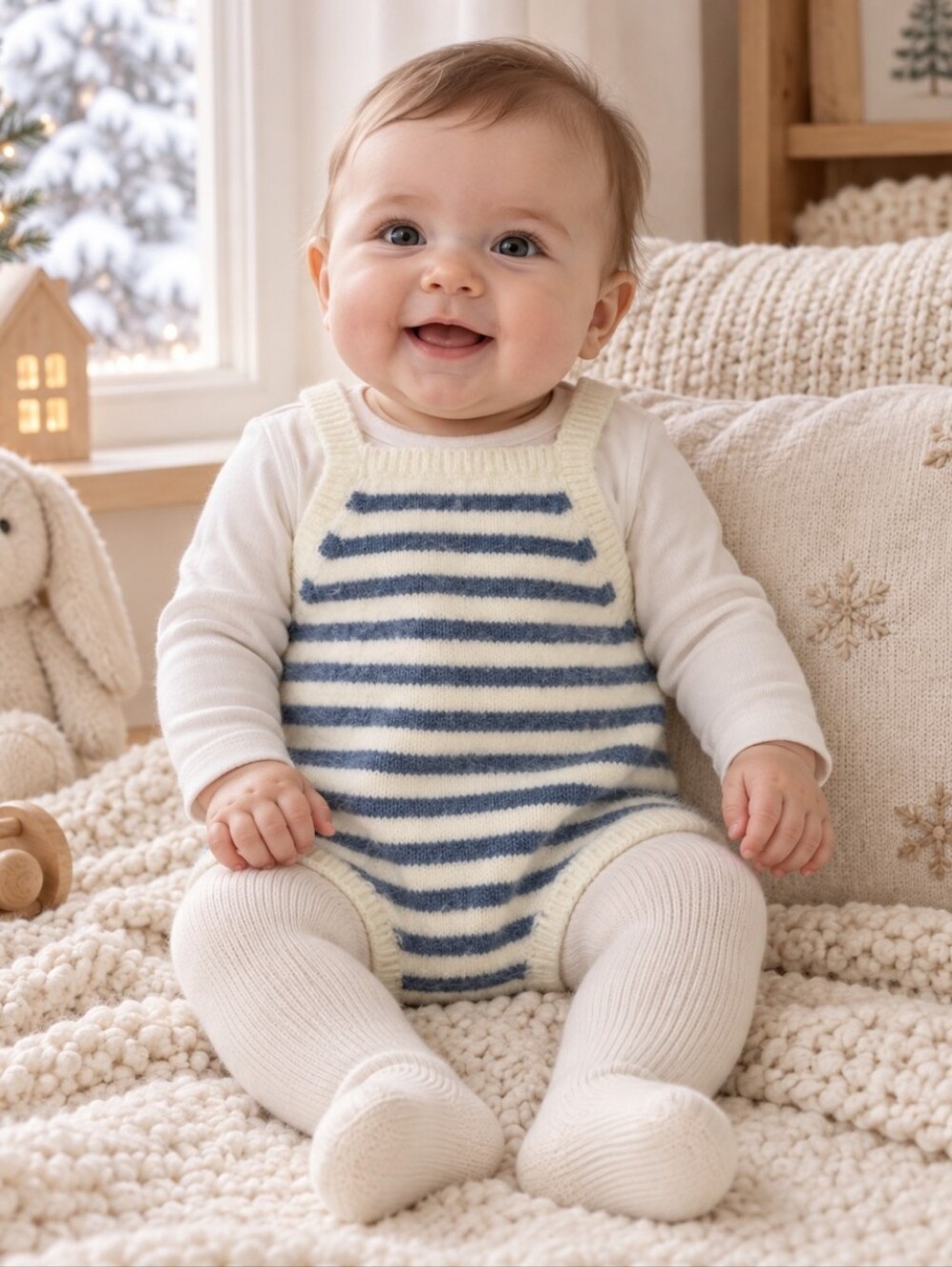 Rylee + Cru Cream and Navy Striped Knit Baby Romper | 3-6M